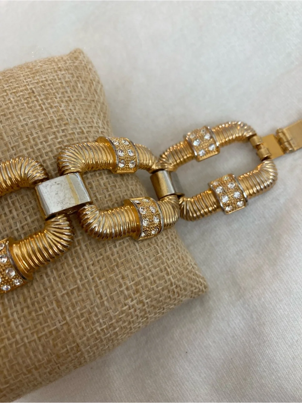Gold Tone and Rhinestones Panel Link Vintage Bracelet
